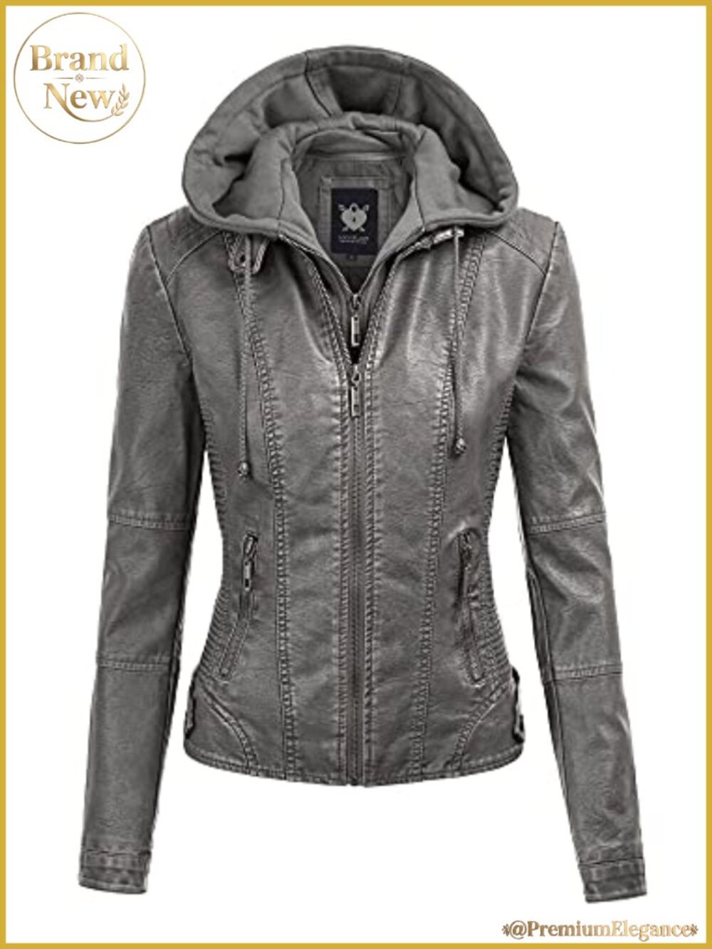 Faux Leather Moto Biker Jacket Coat Removable Hood